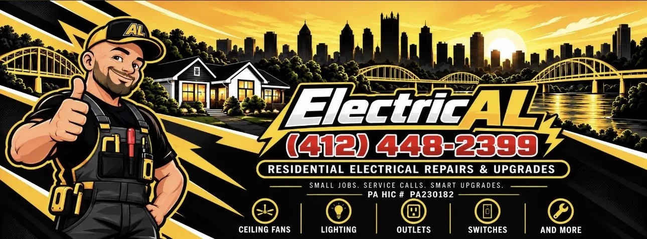 ElectricAL banner with Al giving a thumbs up in front of the Pittsburgh skyline and yellow bridges